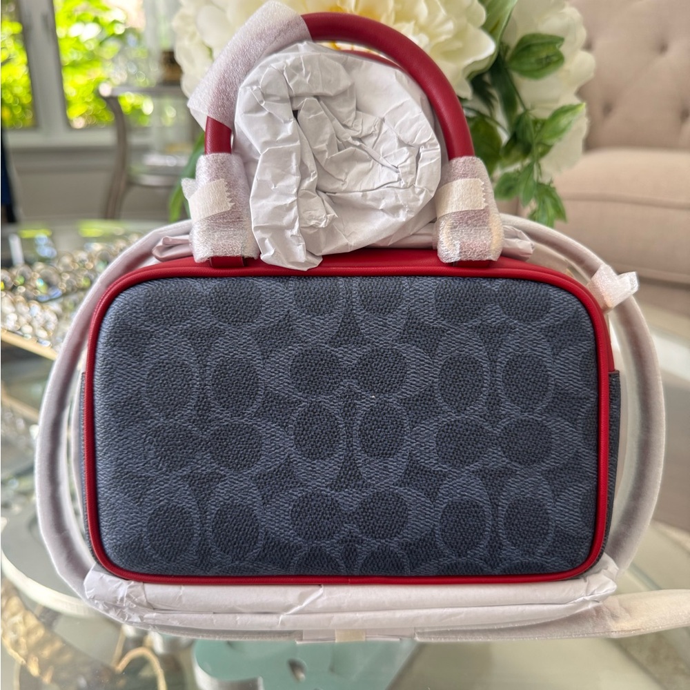 Satchel Crossbody Bag In Signature Canvas Denim/Bold Red CW197 - Picture 4 of 16